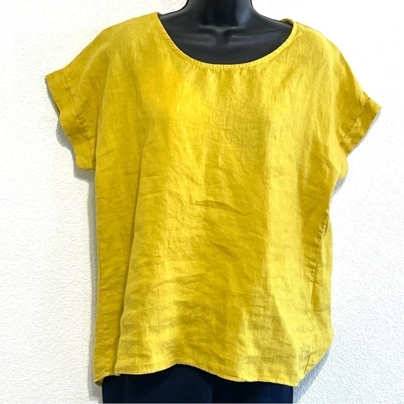 Terzo Millennio Woman 100% LINEN Yellow Back Stripe Lace Top Blouse ITALY Size S - Picture 1 of 11